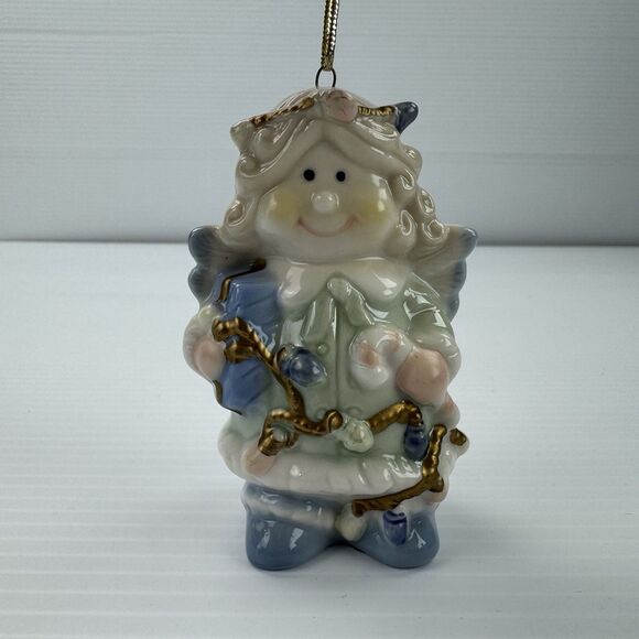 Set of 3 Vintage Ceramic Angel Ornaments Pastel Gold Trim Christmas - Picture 3 of 11